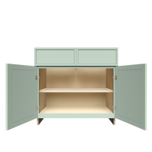 Load image into Gallery viewer, Urban Slim Minty Green Shaker Painted Finish Base Cabinet with 2 Drawers 2 Doors and 1 Shelf