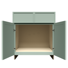 Load image into Gallery viewer, Urban Slim Minty Green Shaker Painted Finish Sink Base Cabinet with 2 False Drawers and 2 Doors